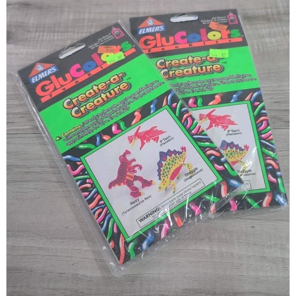 2 Vintage Stickies 1993 GluColors Fun Kits Create-a-Creature Dinosaurs USA
